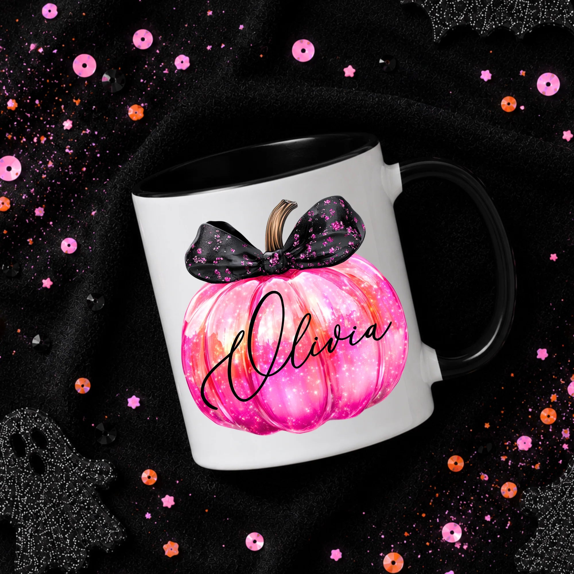 Pink Neon Pumpkin Black Mug